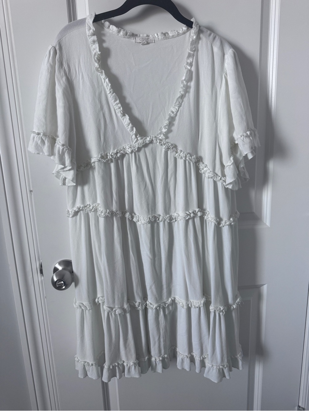 ODDY Ivory Babydoll Ruffle Tiered Mini Dress-Large